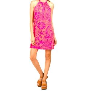 Trina Turk Juju Daisy Pink Orange Halter Neck Dress Large Neck NEW NWT
